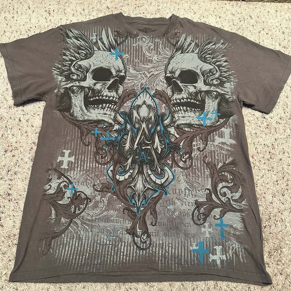 MMA Elite Y2K Skull Cross Grunge Graphic T-Shirt Gray Large
